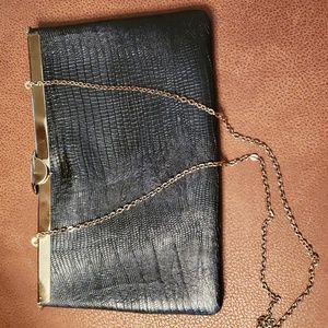 VINTAGE ETNA Black Leather Bag w/ chain.Rare hinge. EUC